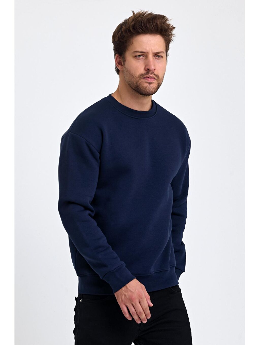 Lacivert Erkek Yumuşacık Kumaşlı Regular Fit Yuvarlak Yakalı Sweatshirt-3