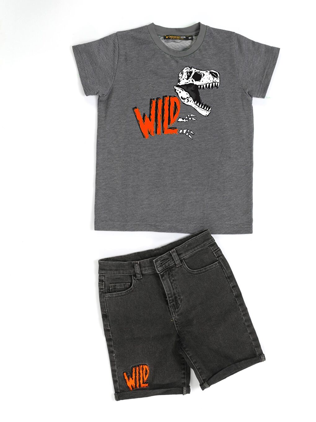 Casabony Antrasit Wild Dino Gri Denim Şort + T-Shirt Takım - 2