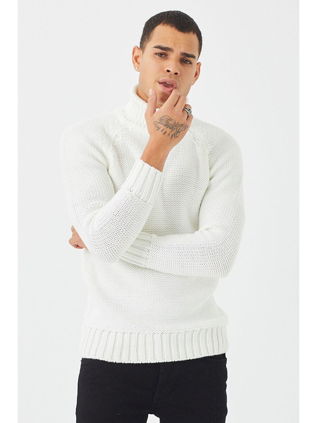 Beyaz Erkek Kalın Balıkçı Yaka Kazak