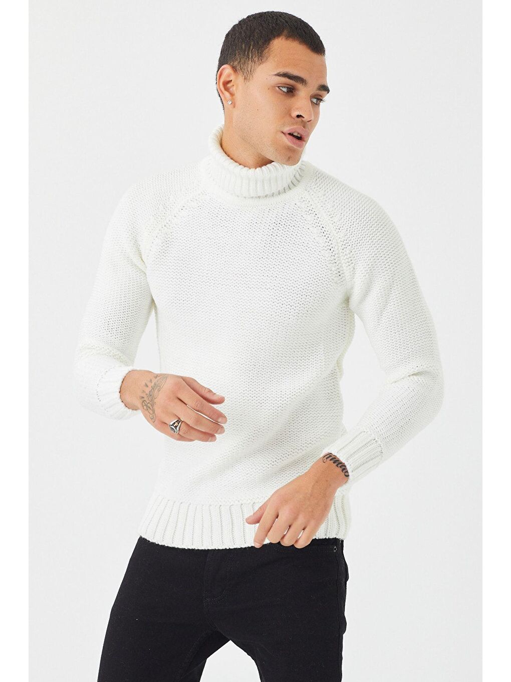 Beyaz Erkek Kalın Balıkçı Yaka Kazak-2