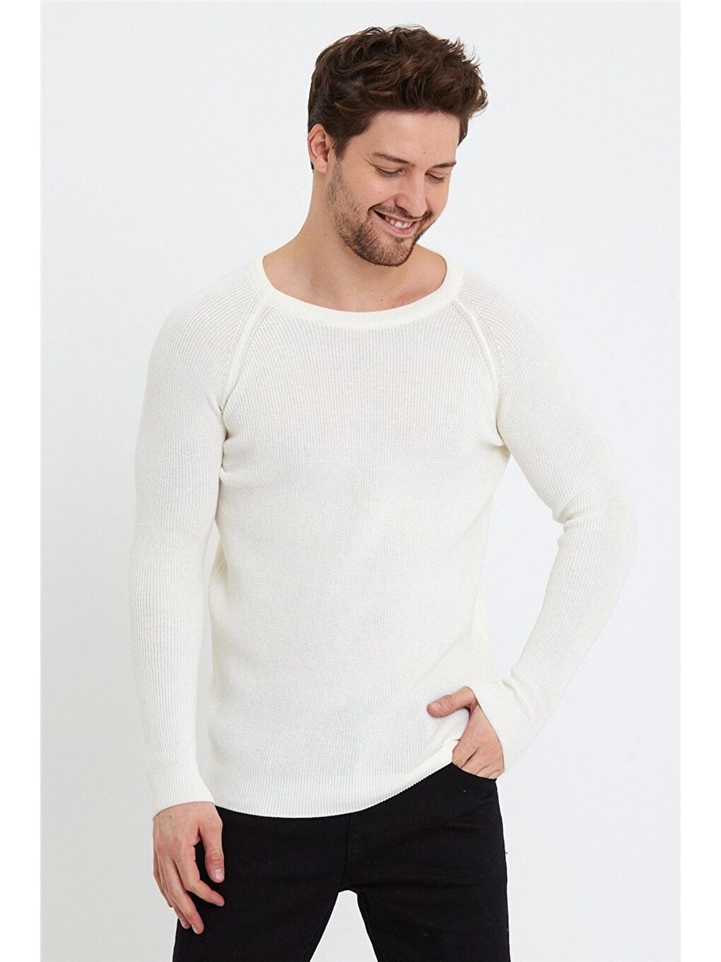 Erkek Beyaz Geniş Yaka Triko Kazak-1