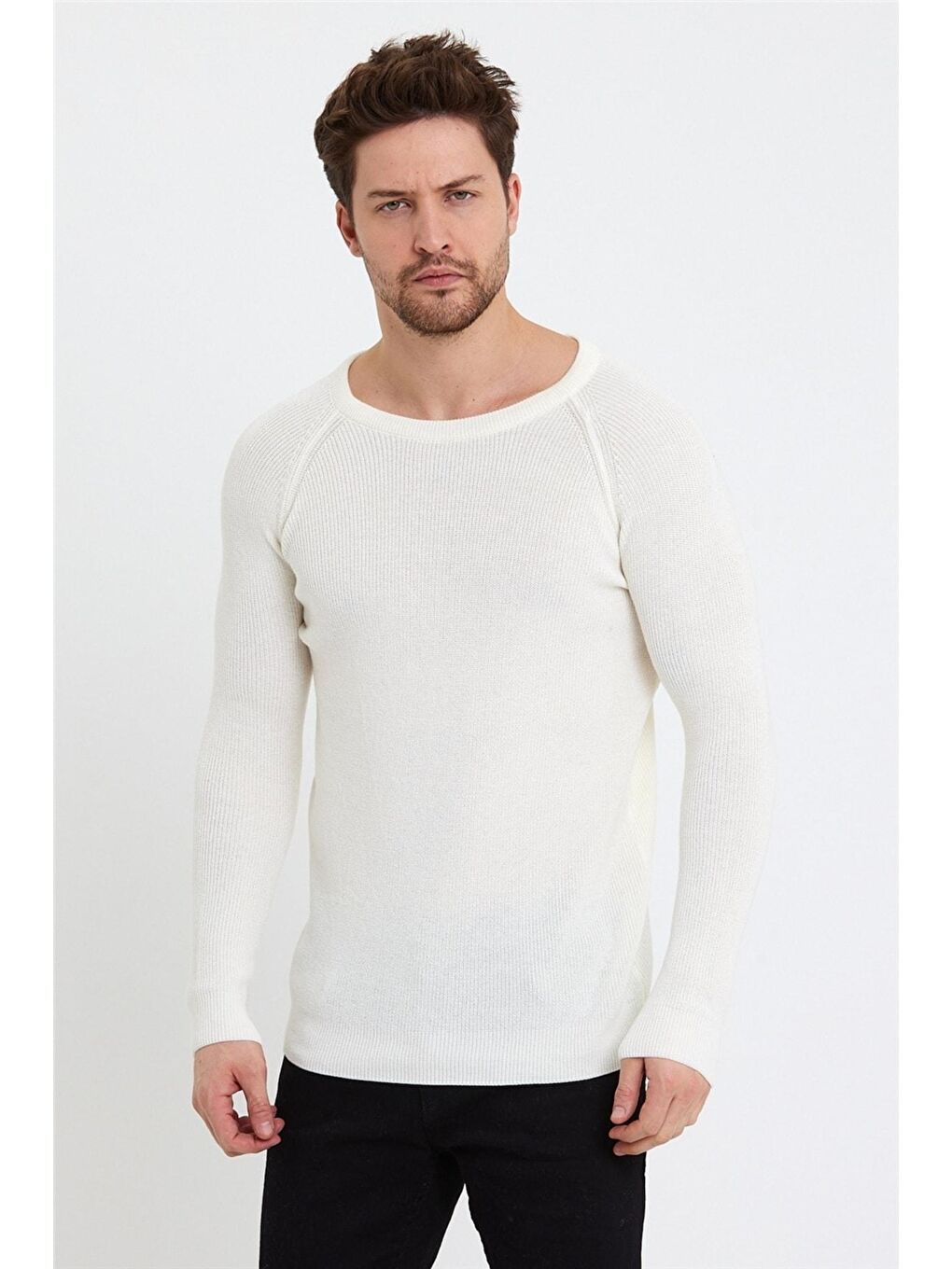 Erkek Beyaz Geniş Yaka Triko Kazak-2