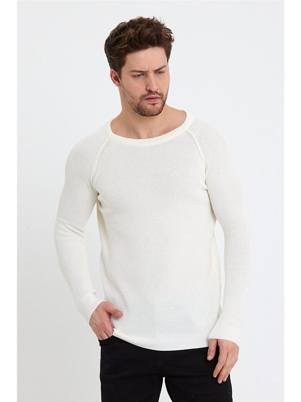 Erkek Beyaz Geniş Yaka Triko Kazak-3