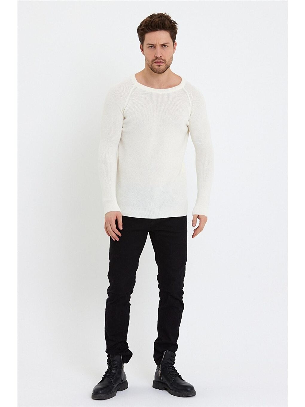 Erkek Beyaz Geniş Yaka Triko Kazak-5