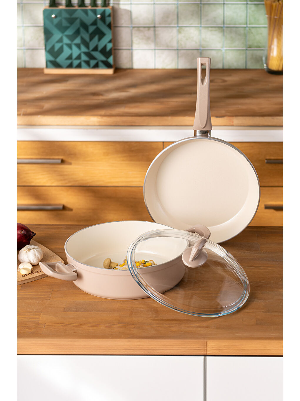 Pembe Crystal 3 Parça Tencere Tava Seti Rosegold-4