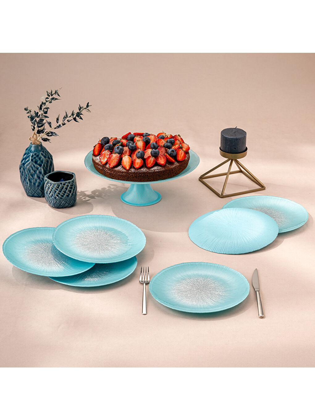 Pastel 7 Parça Cam Pasta / Tatlı Seti Mavi-6