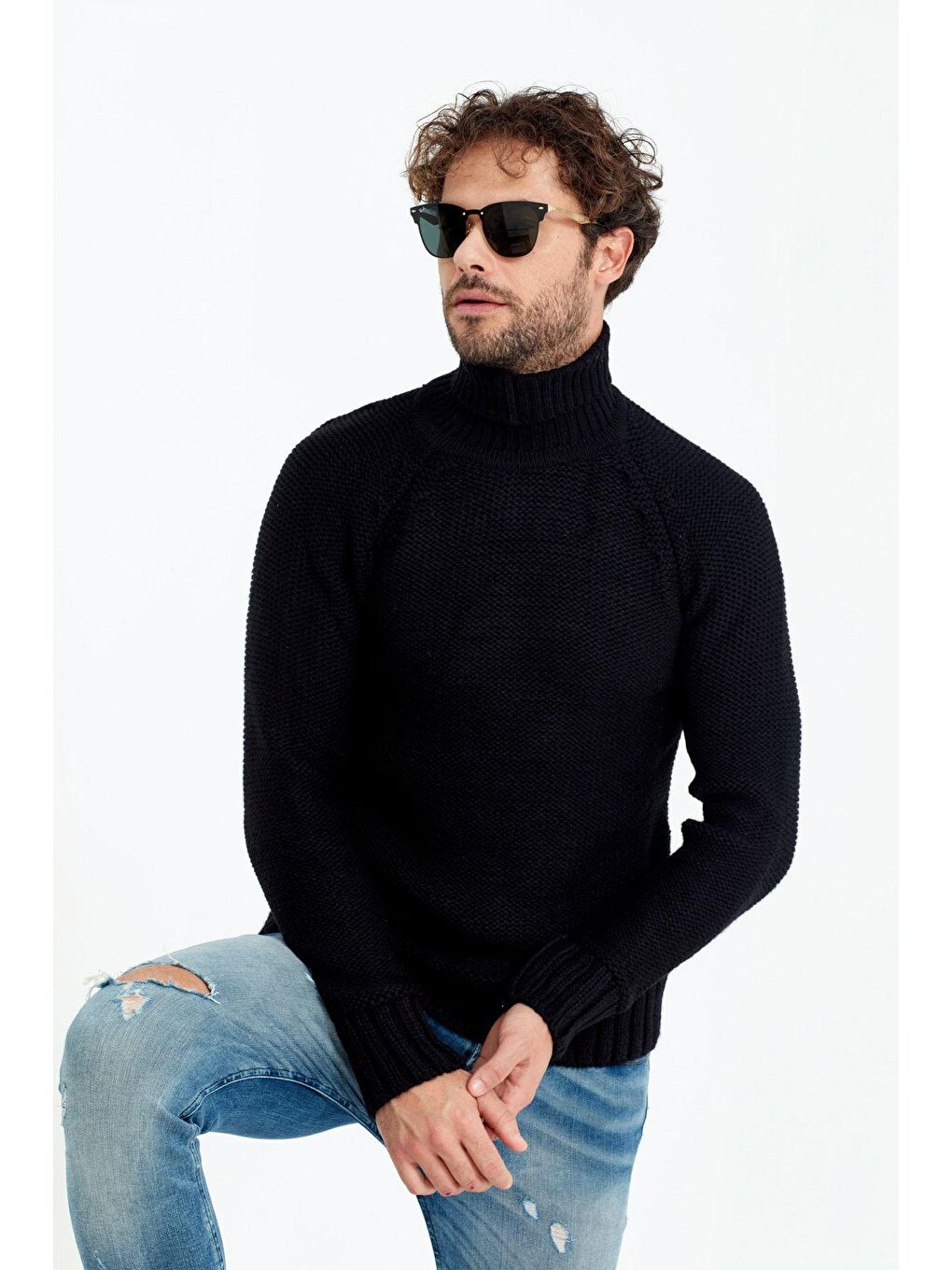 Siyah Erkek Kahverengi  Kalın Balıkçı Triko Kazak-3