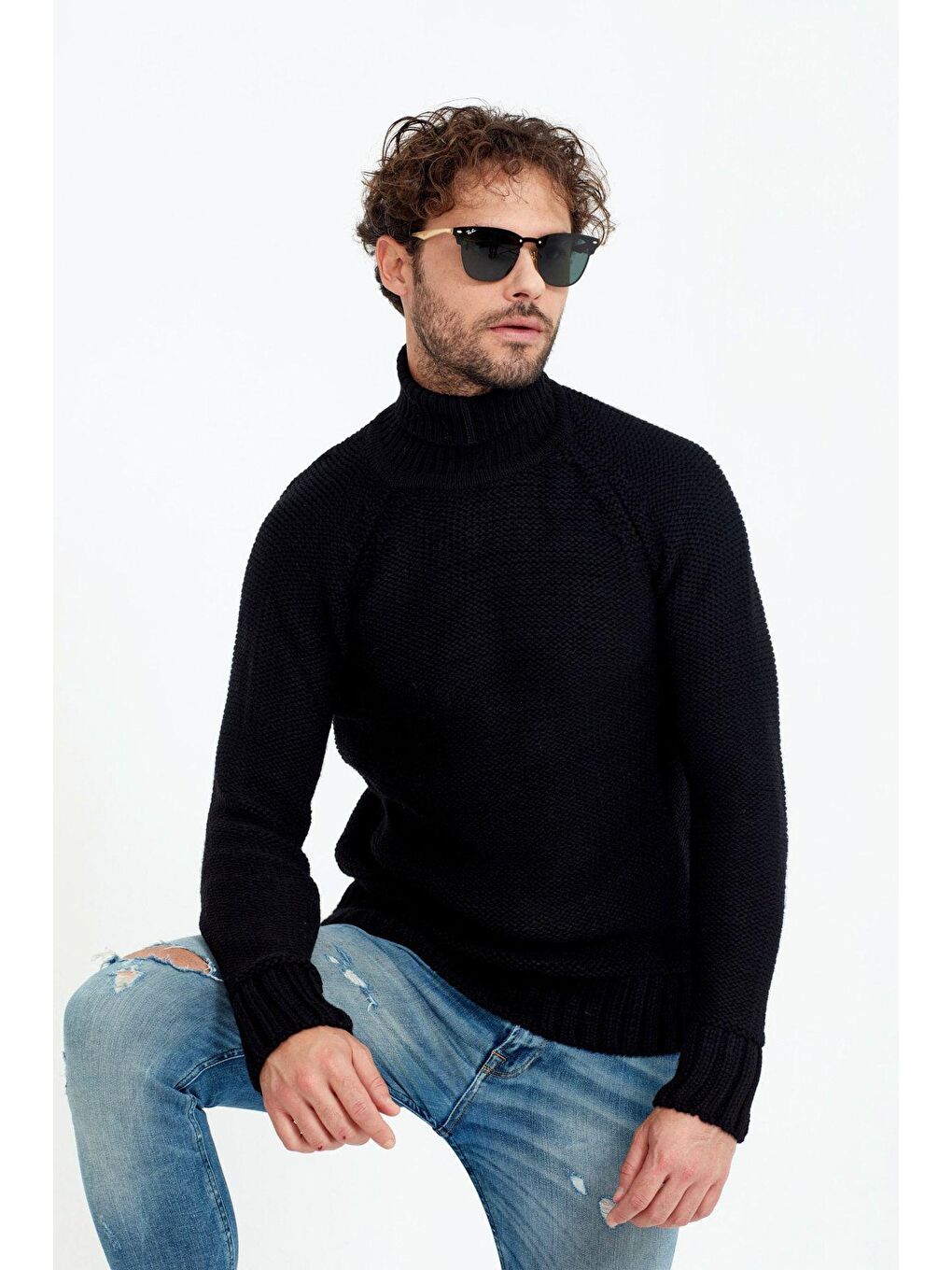 Siyah Erkek Kahverengi  Kalın Balıkçı Triko Kazak-4