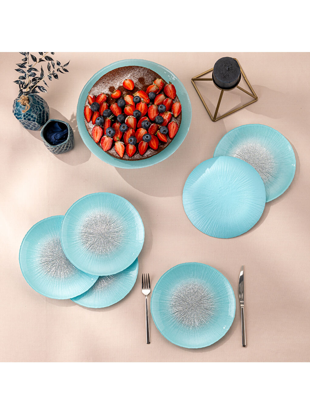 Pastel 7 Parça Cam Pasta / Tatlı Seti Mavi-7