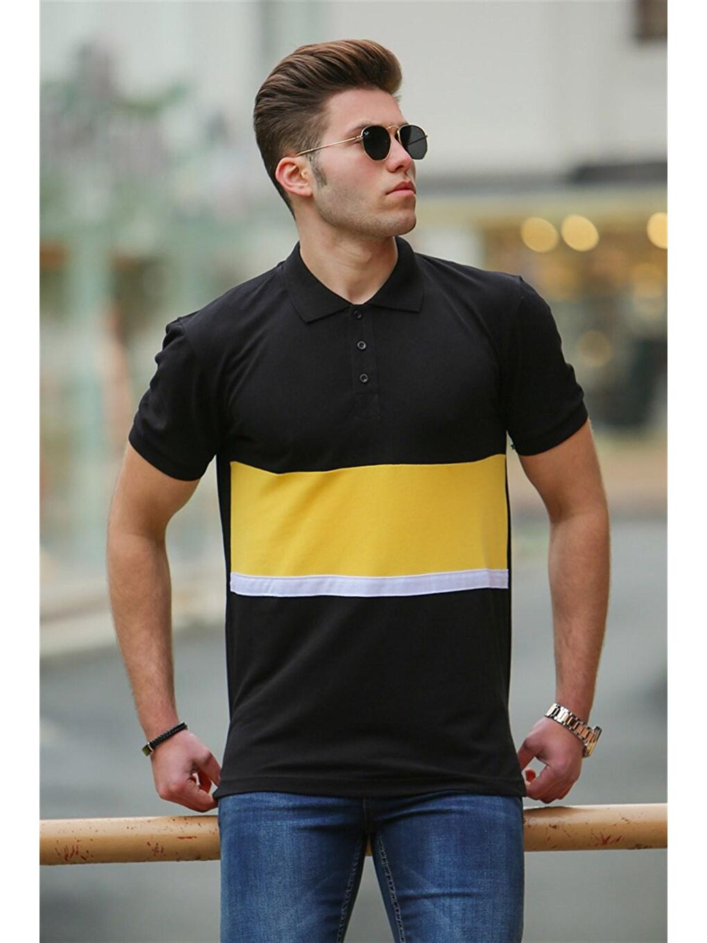 Renk Bloklu Siyah Polo Tişört 3084