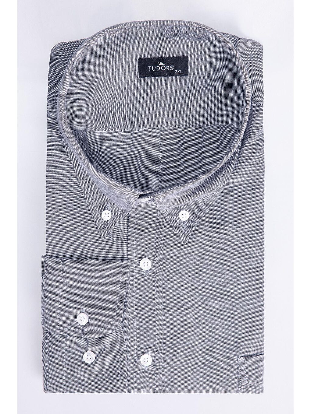 Büyük Beden Oxford Doku Yaka Düğmeli Cepli Nakışlı Gri Erkek Gömlek-1