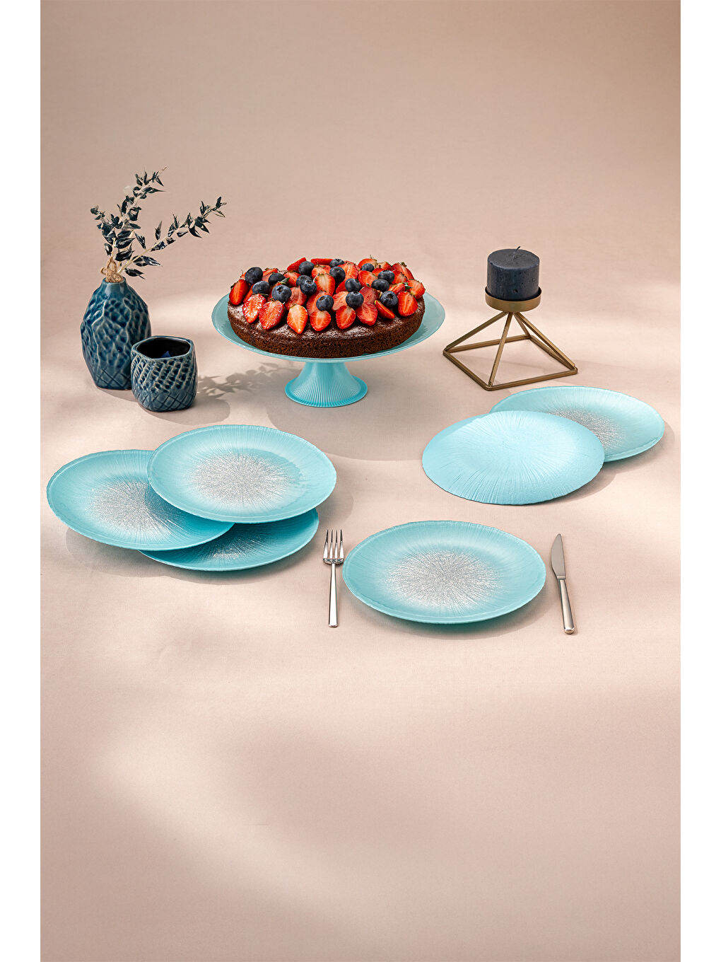 Pastel 7 Parça Cam Pasta / Tatlı Seti Mavi-3