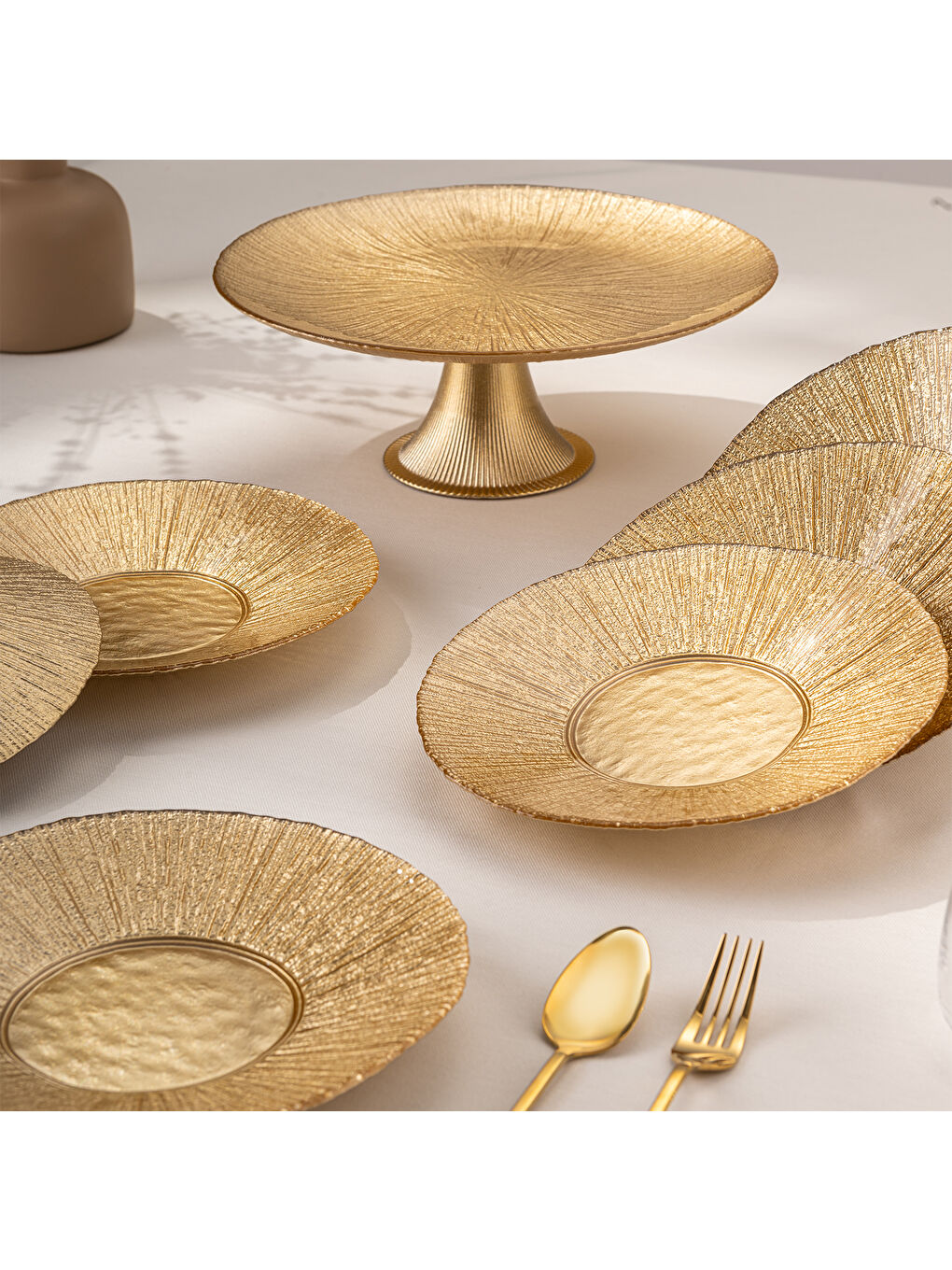 Sarı Golden 7 Parça Cam Pasta / Tatlı Seti-7