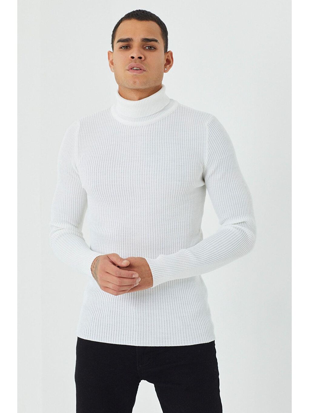 Beyaz Erkek Fitilli Triko Kazak-3