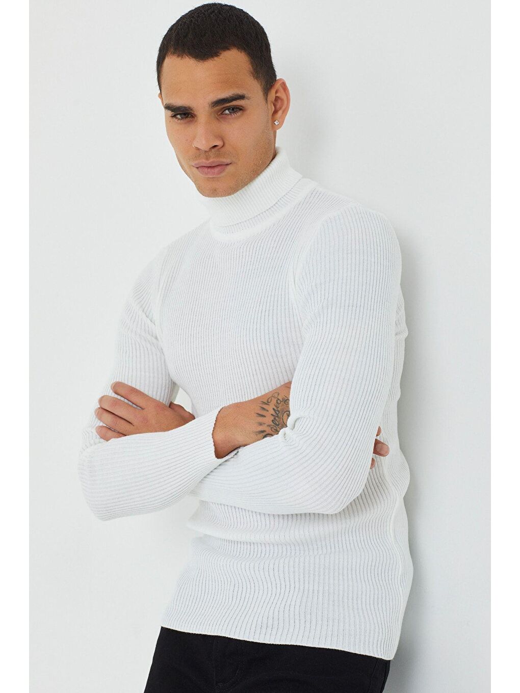 Beyaz Erkek Fitilli Triko Kazak-4
