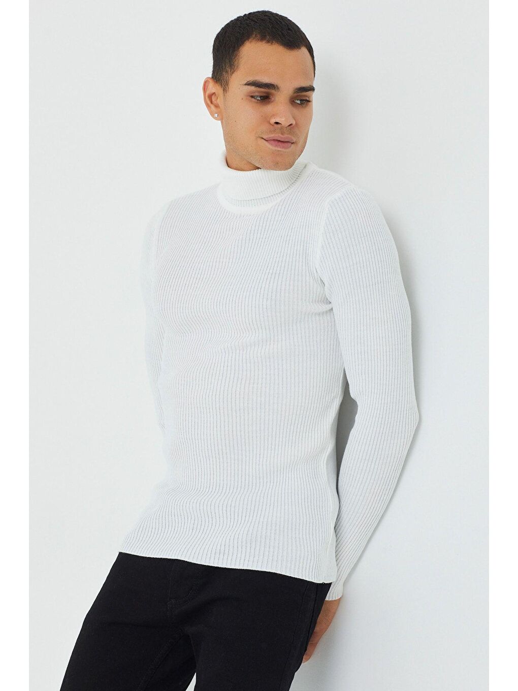 Beyaz Erkek Fitilli Triko Kazak-6