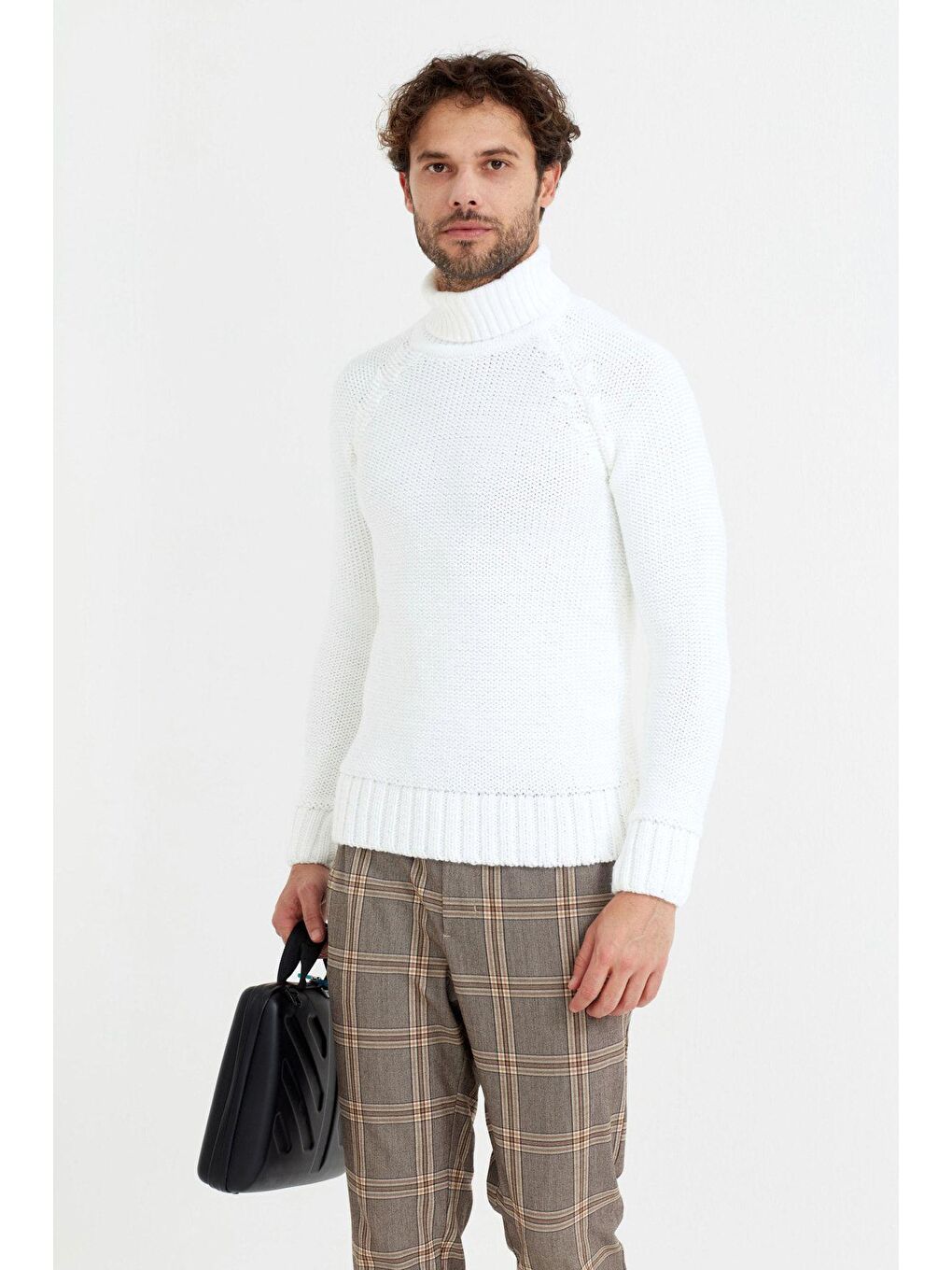 Beyaz Erkek Kahverengi  Kalın Balıkçı Triko Kazak