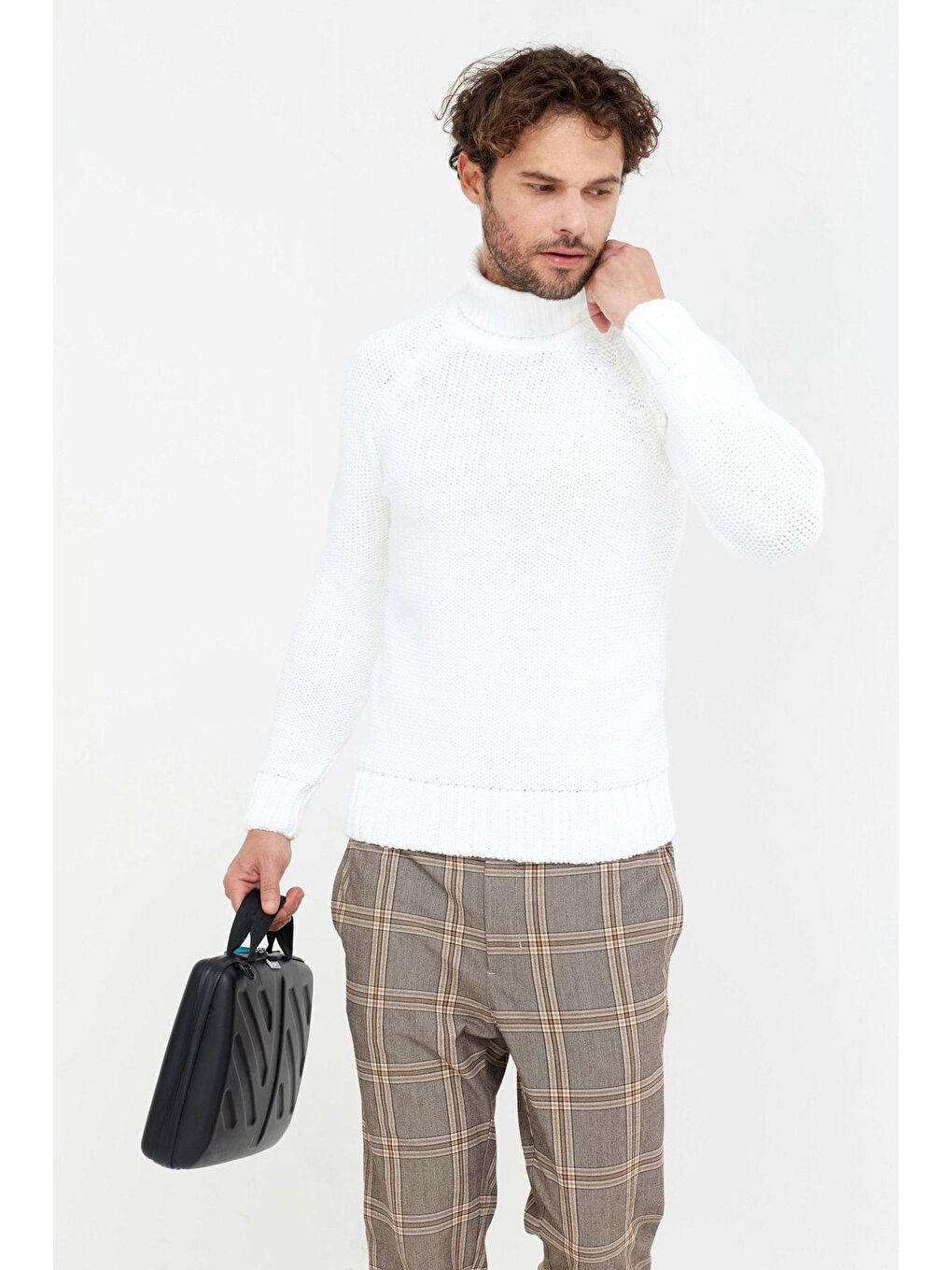 Beyaz Erkek Kahverengi  Kalın Balıkçı Triko Kazak-2