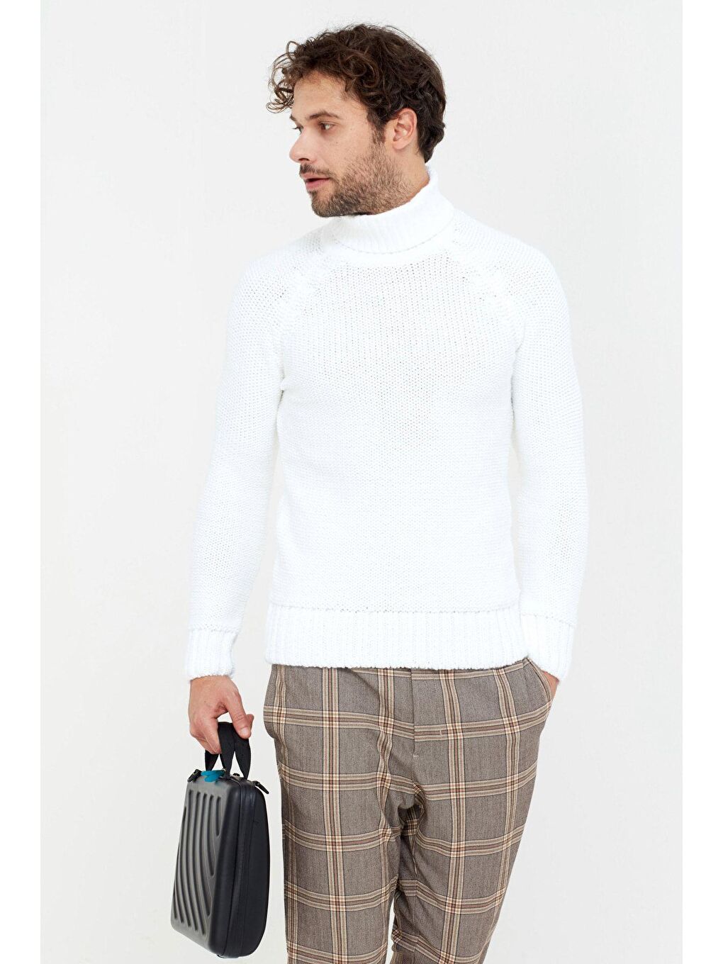 Beyaz Erkek Kahverengi  Kalın Balıkçı Triko Kazak-3