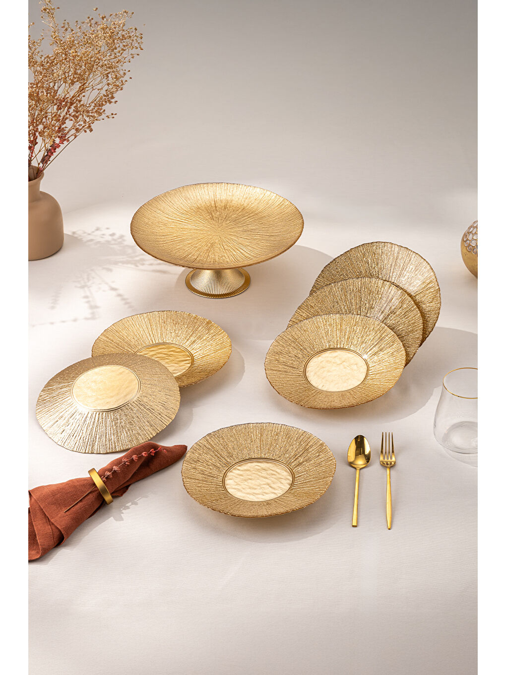 Sarı Golden 7 Parça Cam Pasta / Tatlı Seti-5