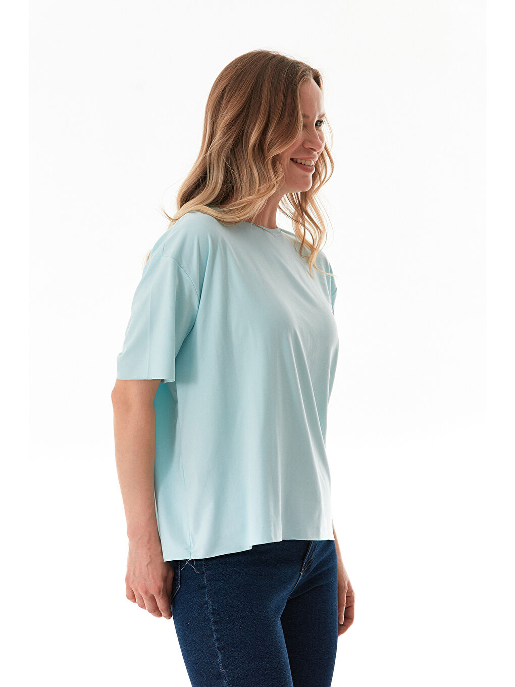 Mavi Basic Bisiklet Yaka Oversize Modal Tişört-2