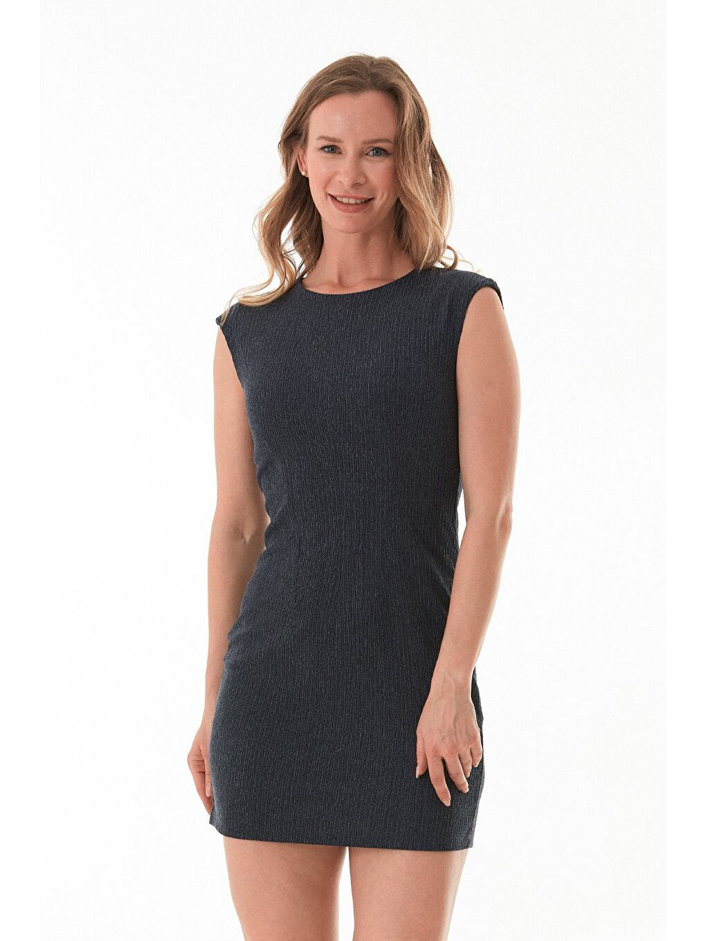 İndigo Bürümcük Kumaş Arkası Fermuarlı Elbise-1