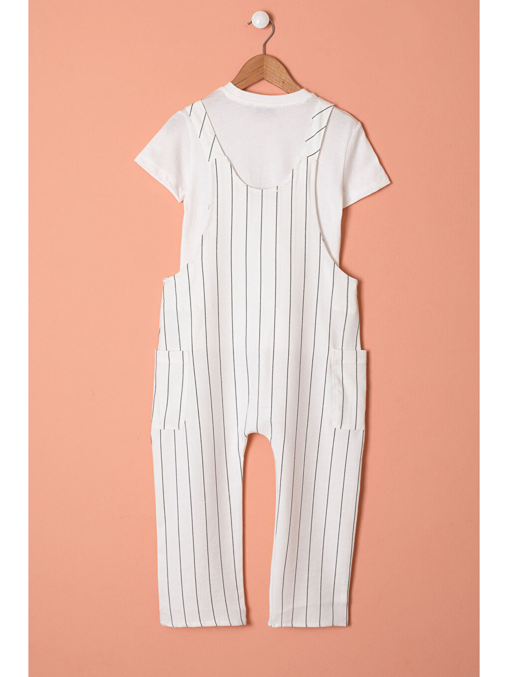 Ekru Çizgili Beyaz Tişörtlü Çocuk Salopet Tulum Takımı 18403-3