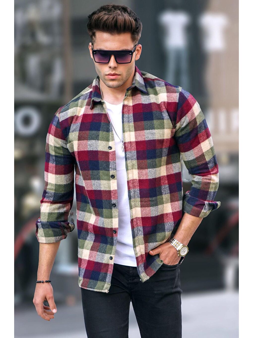 Haki Ekoseli Erkek Gömlek 5519
