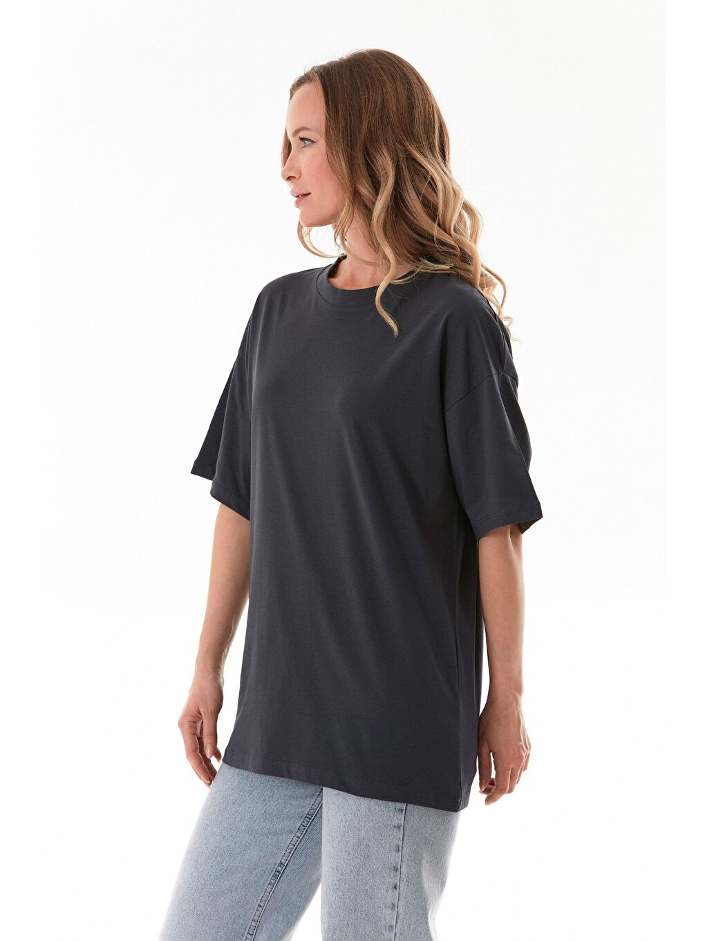 Antrasit Basic Oversize Bisiklet Yaka Tişört-2