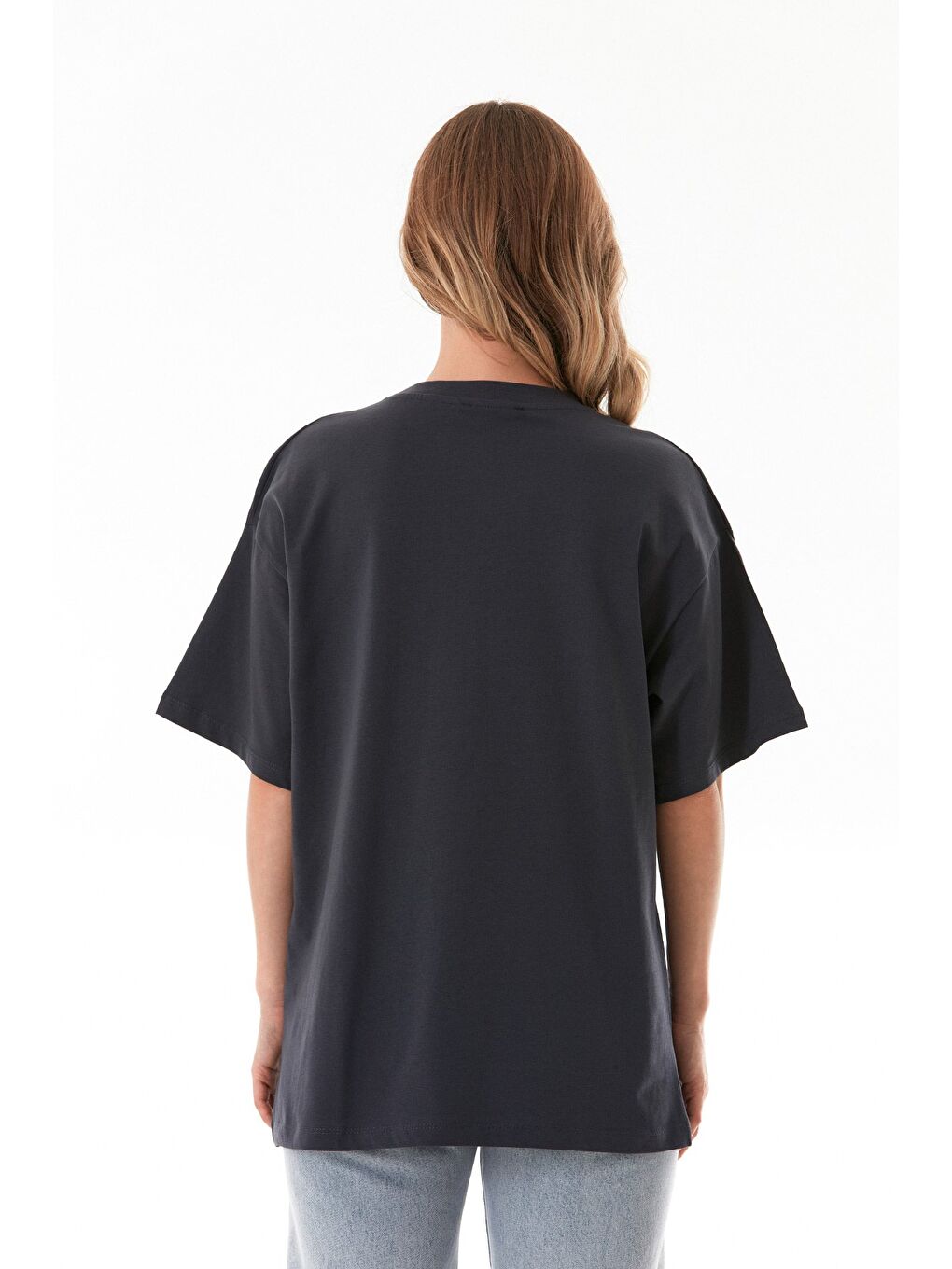 Antrasit Basic Oversize Bisiklet Yaka Tişört-3