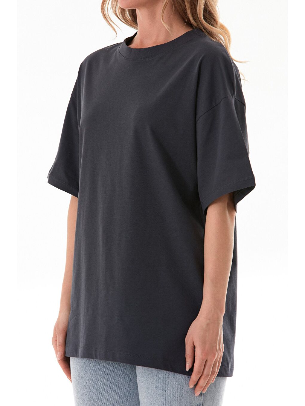 Antrasit Basic Oversize Bisiklet Yaka Tişört-4