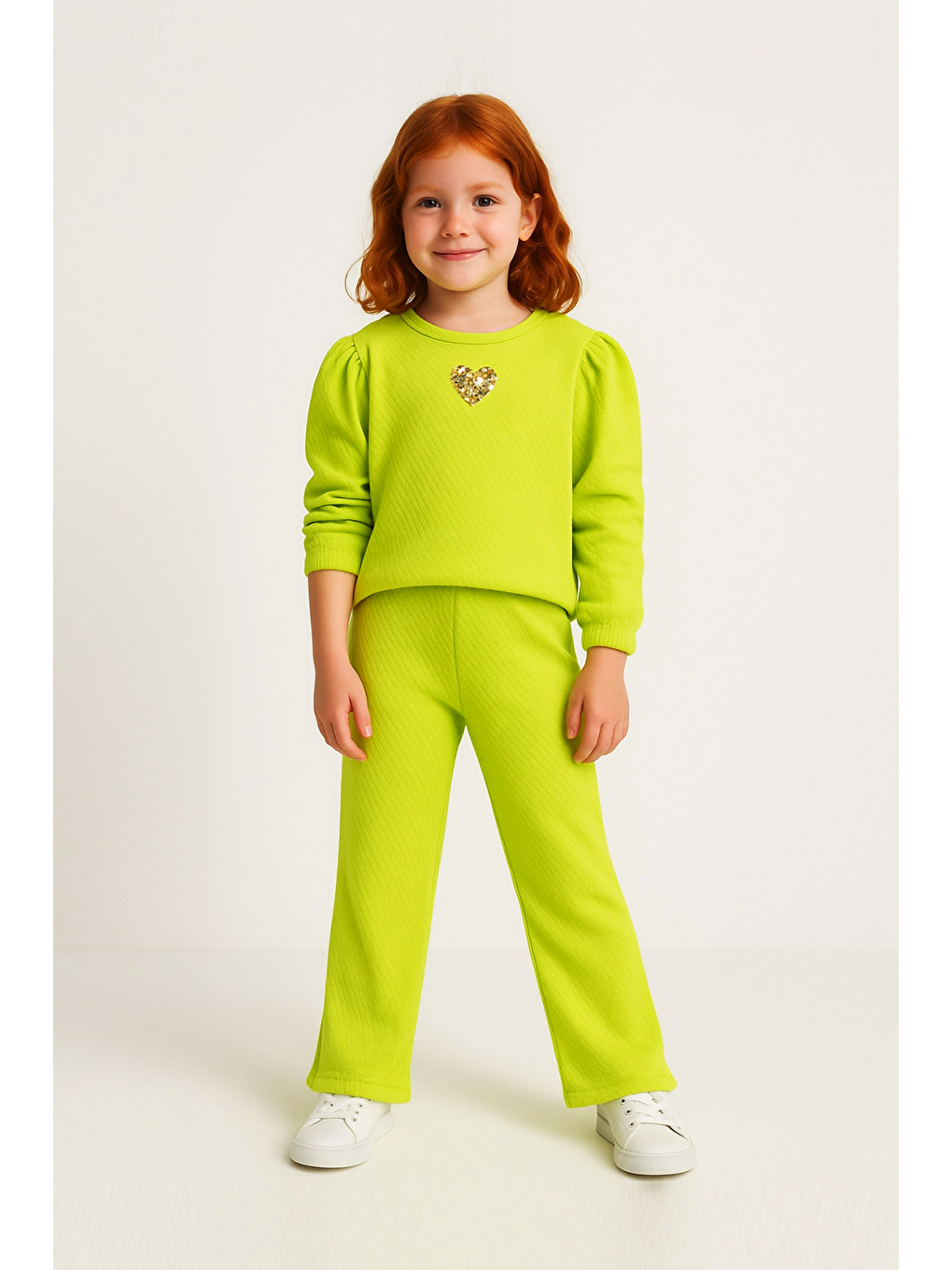 Yeşil Kız Çocuk %100 Pamuklu Kalp Payet Detaylı  Alt Üst Takım (3-4 Yaş 8-9 Yaş)