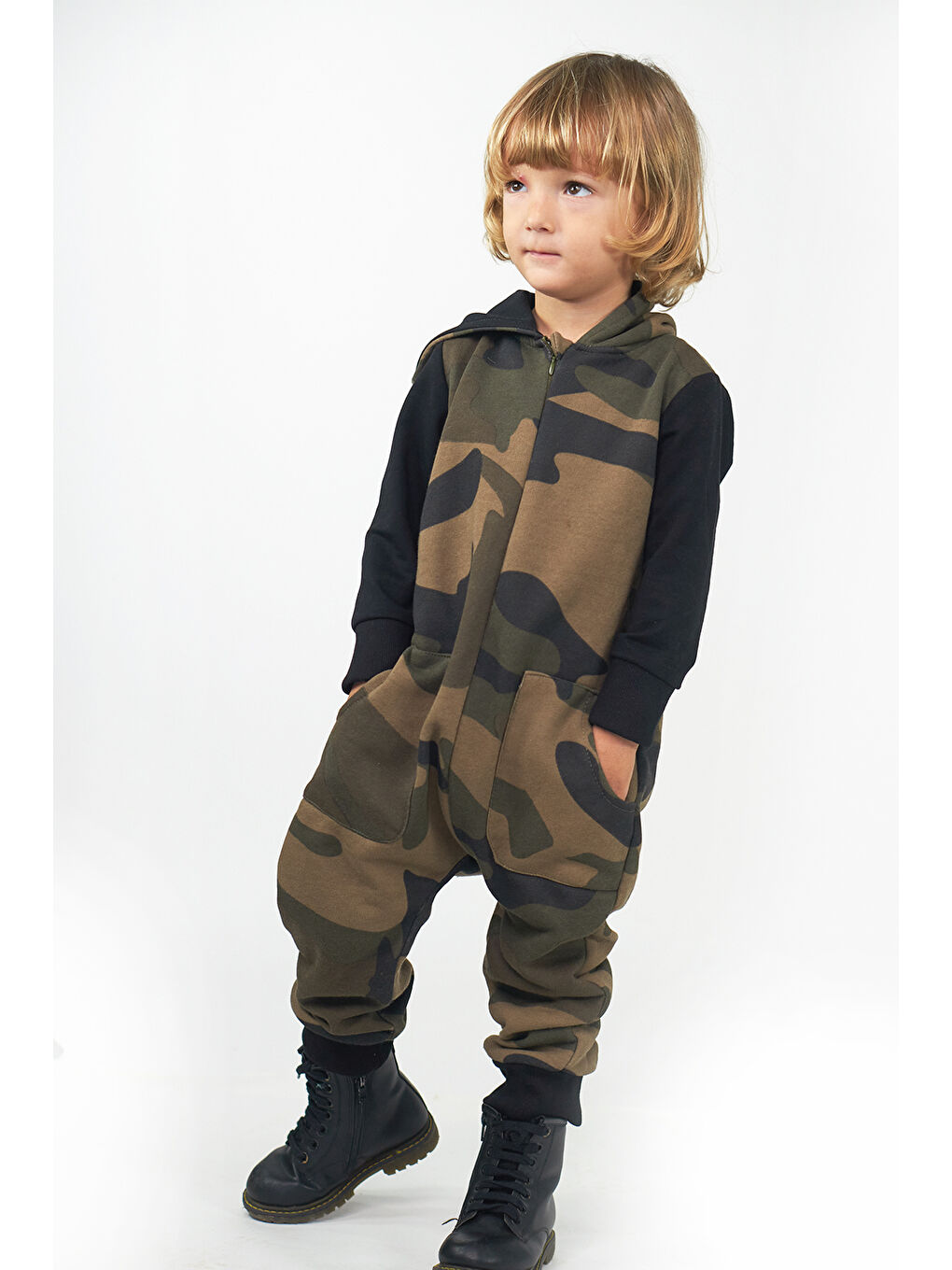 Çocuk Kışlık Haki Kamujlaj Desen Kapüşonlu Tulum