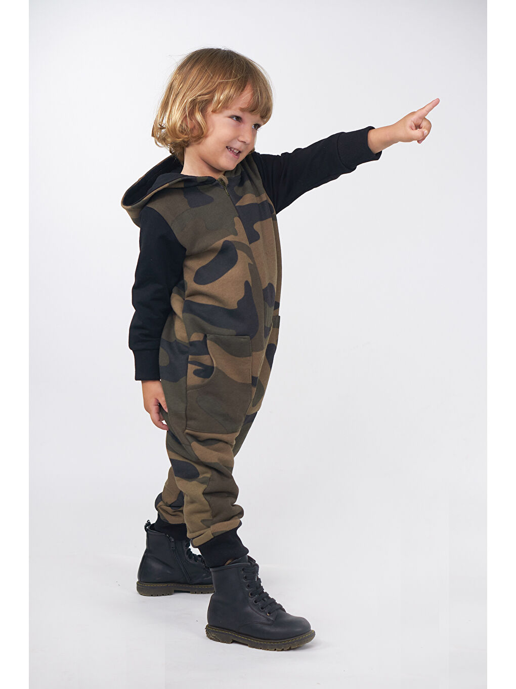 Çocuk Kışlık Haki Kamujlaj Desen Kapüşonlu Tulum-1