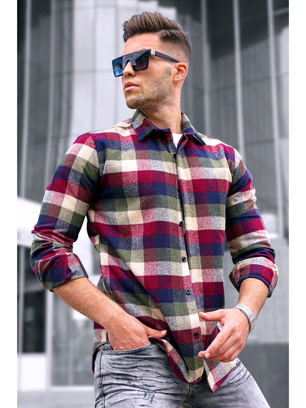 Haki Ekoseli Erkek Gömlek 5519-1