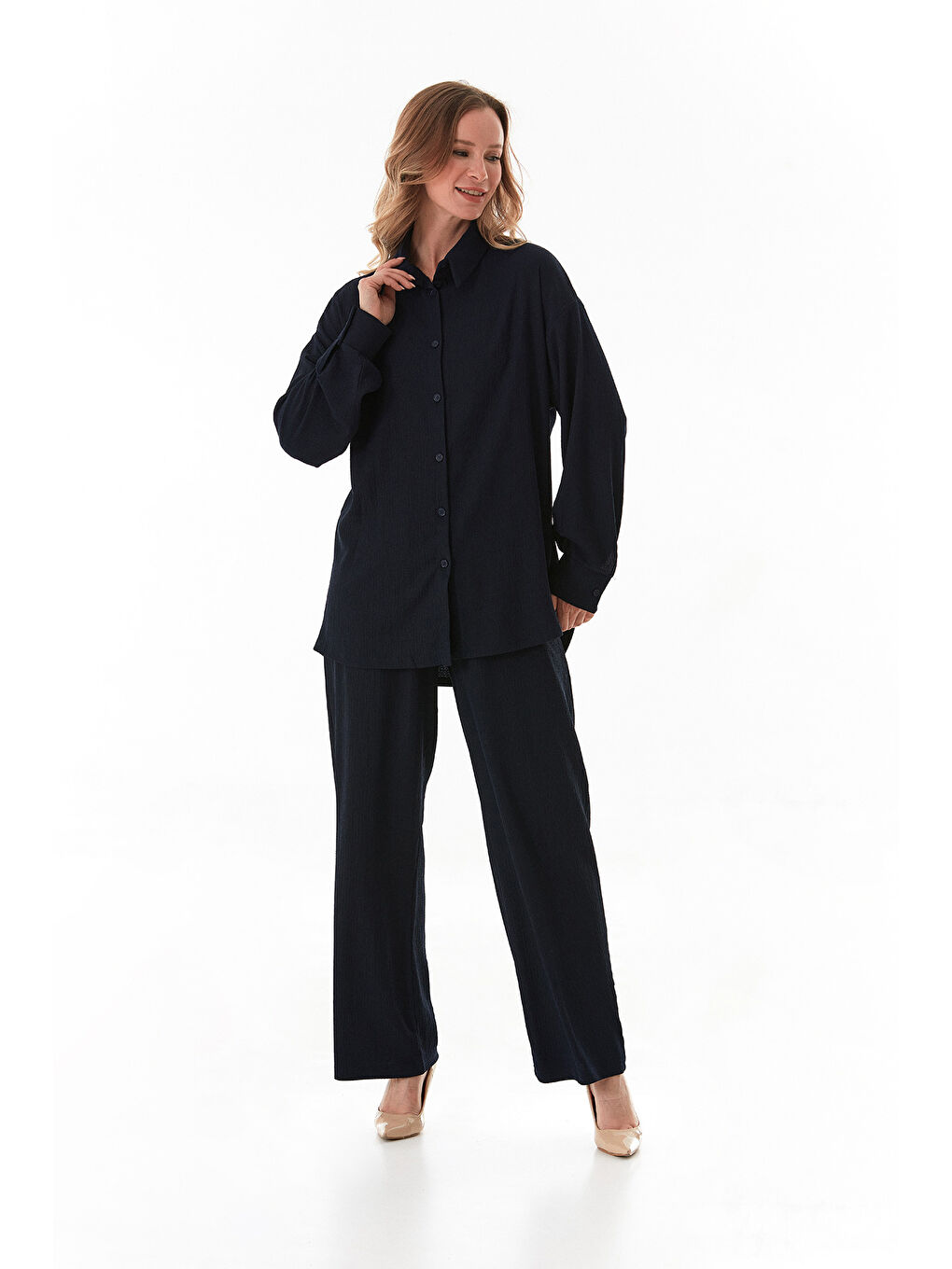 Lacivert Fullamodest Gömlek Yaka Bürümcük Kumaş 2 Li Takım-1