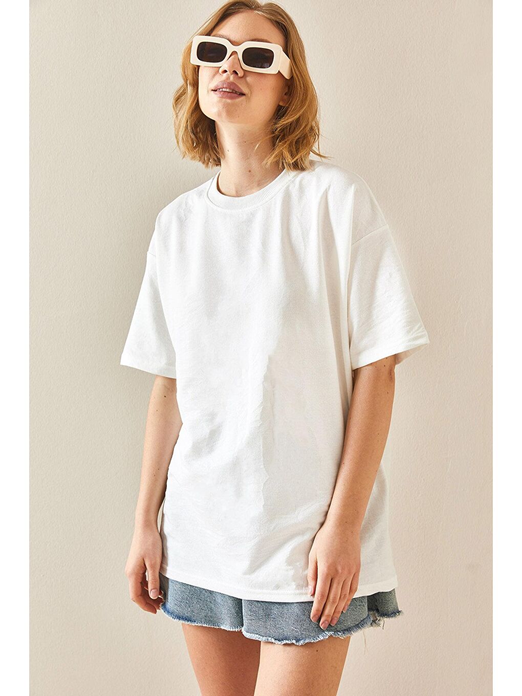 XHAN Beyaz Oversize Basic T-Shirt 3YXK1-47087-01 - 1