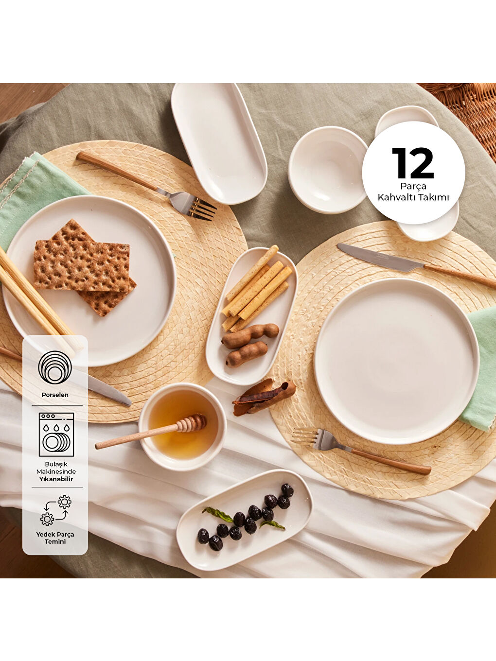 Parla Porselen 12 Parça 6 Kişilik Kahvaltı Takımı Beyaz-7