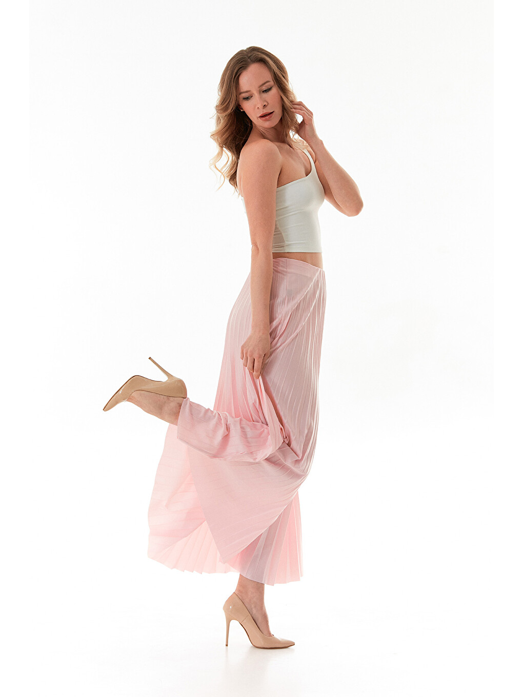Pembe Piliseli Beli Lastikli Etek-3