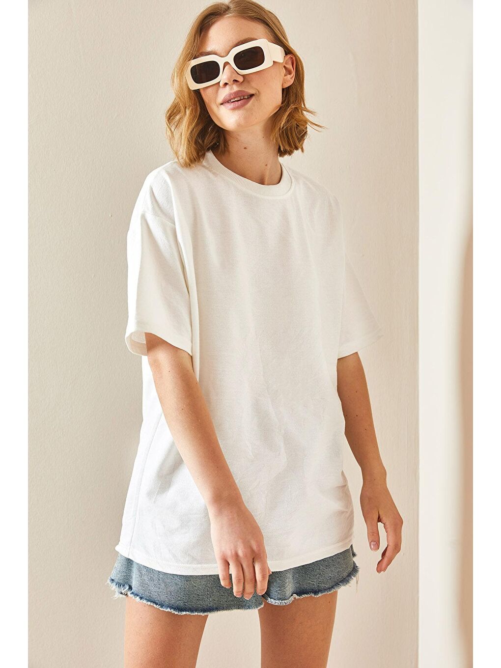 XHAN Beyaz Oversize Basic T-Shirt 3YXK1-47087-01 - 4