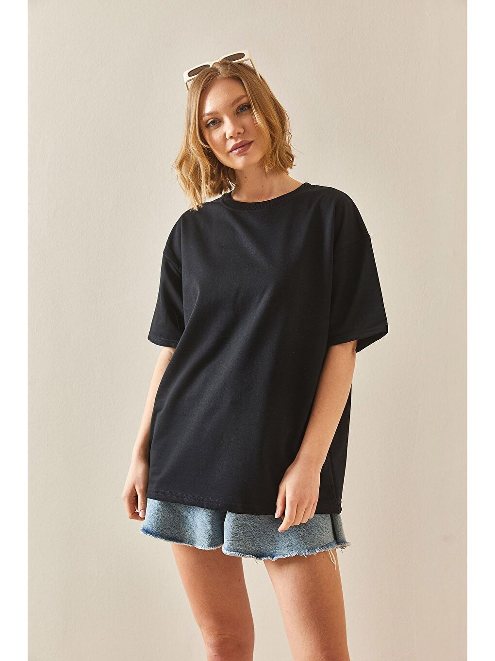 XHAN Siyah Oversize Basic T-Shirt 3YXK1-47087-02 - 4