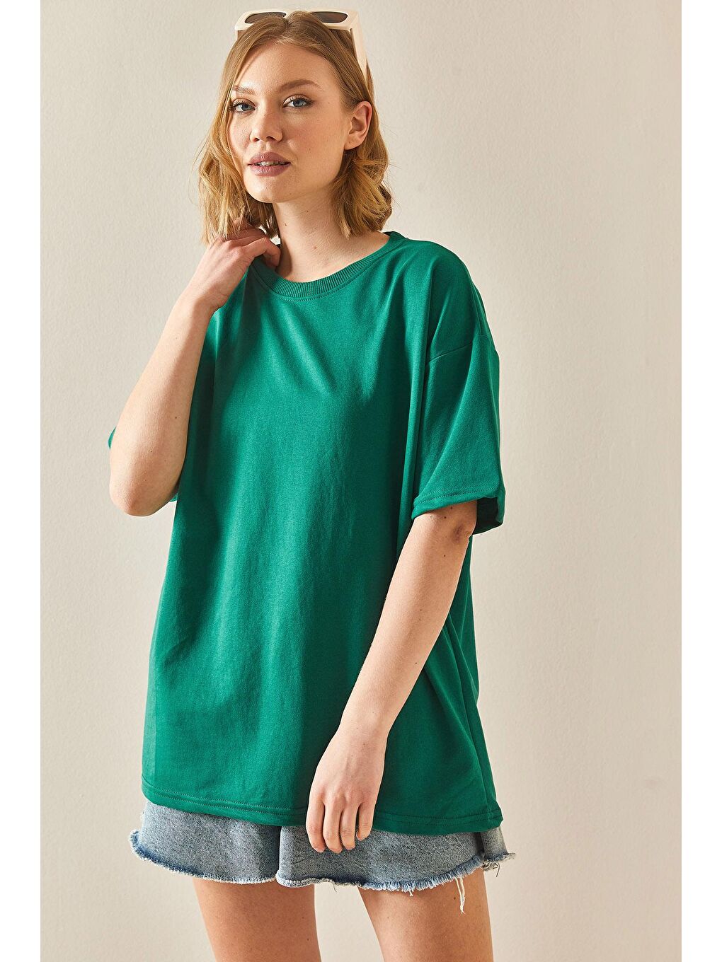 XHAN Zümrüt Yeşili Oversize Basic T-Shirt 3YXK1-47087-44