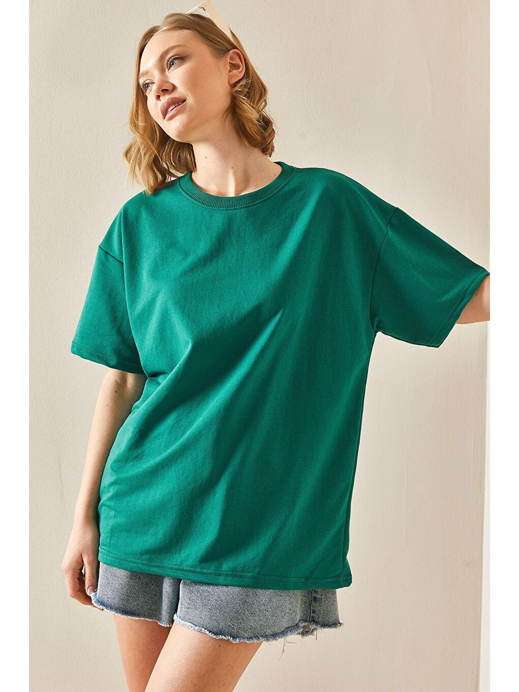 XHAN Zümrüt Yeşili Oversize Basic T-Shirt 3YXK1-47087-44 - 1