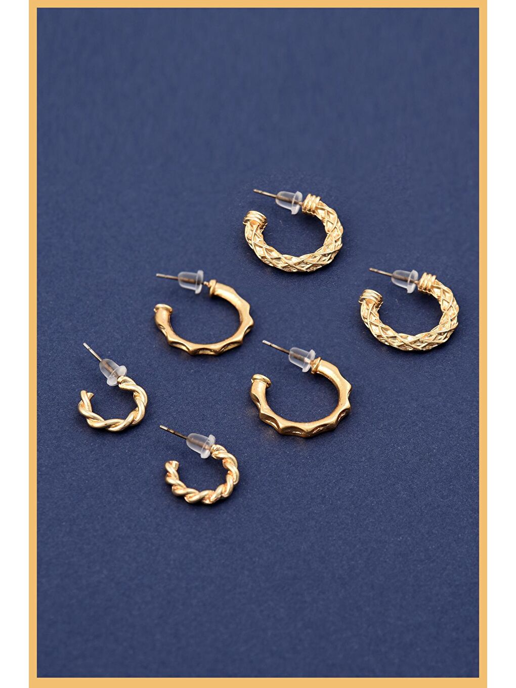 Sarı Kadın Gold 6'lı Çentikli Halka Küpe seti-1