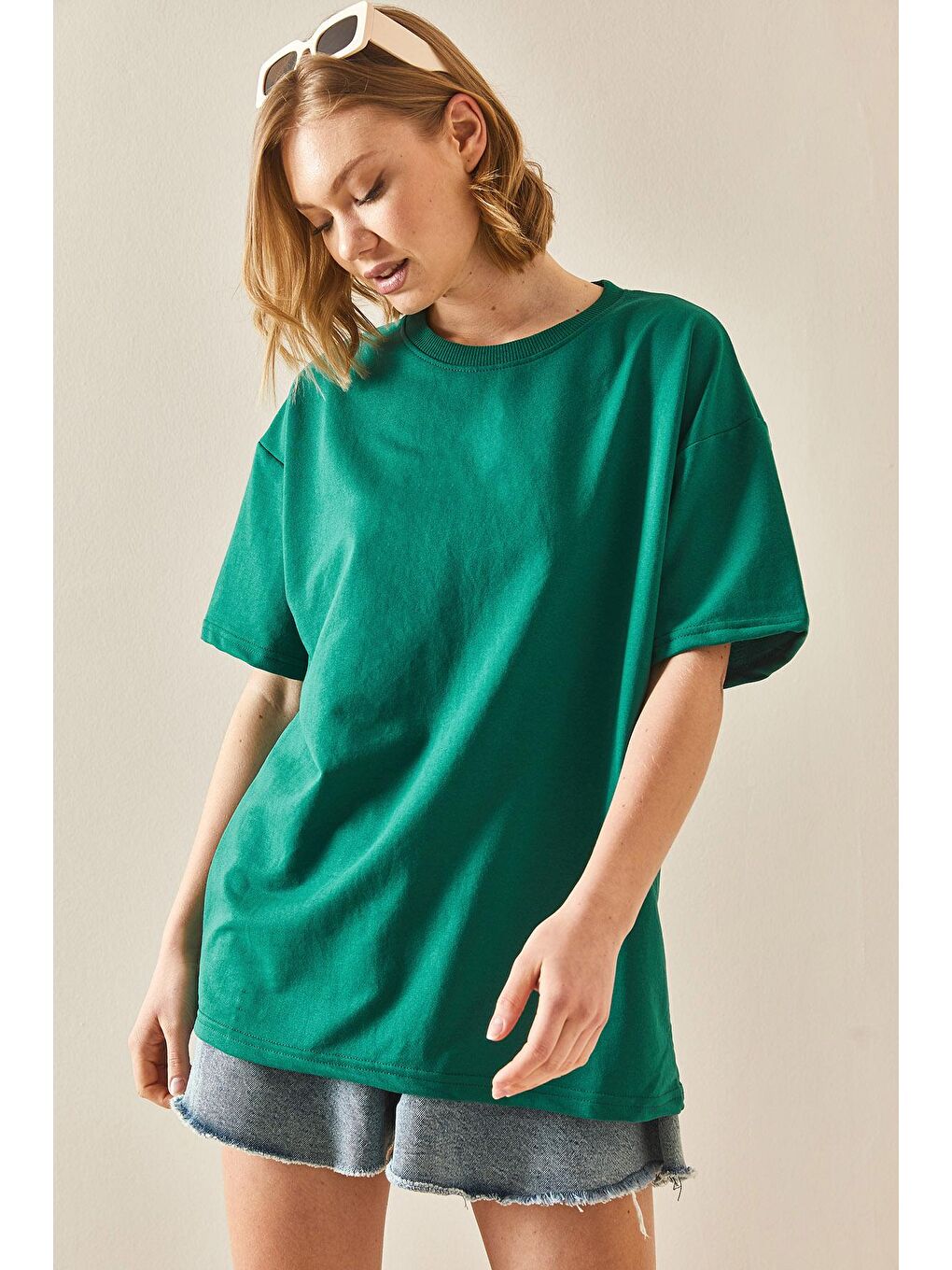 XHAN Zümrüt Yeşili Oversize Basic T-Shirt 3YXK1-47087-44 - 4