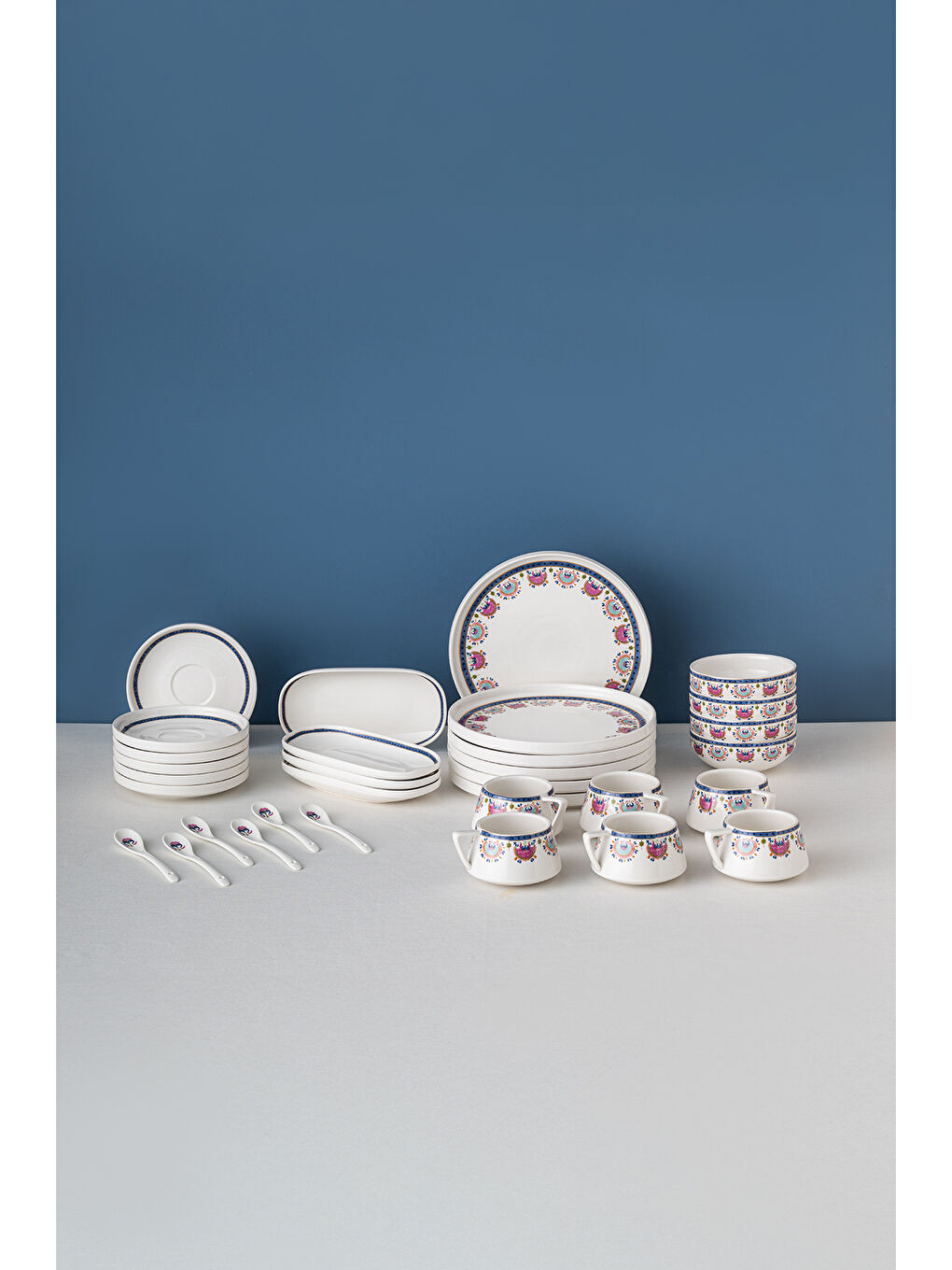 Beyaz Ethnic Pink Porselen 32 Parça 6 Kişilik Kahvaltı/Servis Takımı