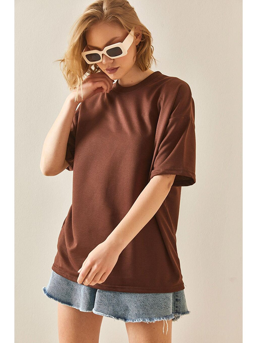 XHAN Kahverengi Oversize Basic T-Shirt 3YXK1-47087-18 - 4