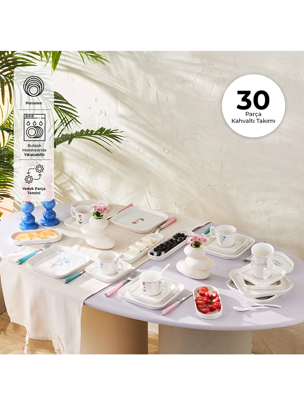 Beyaz Viola Porselen 30 Parça 6 Kişilik Kahvaltı Takımı-7