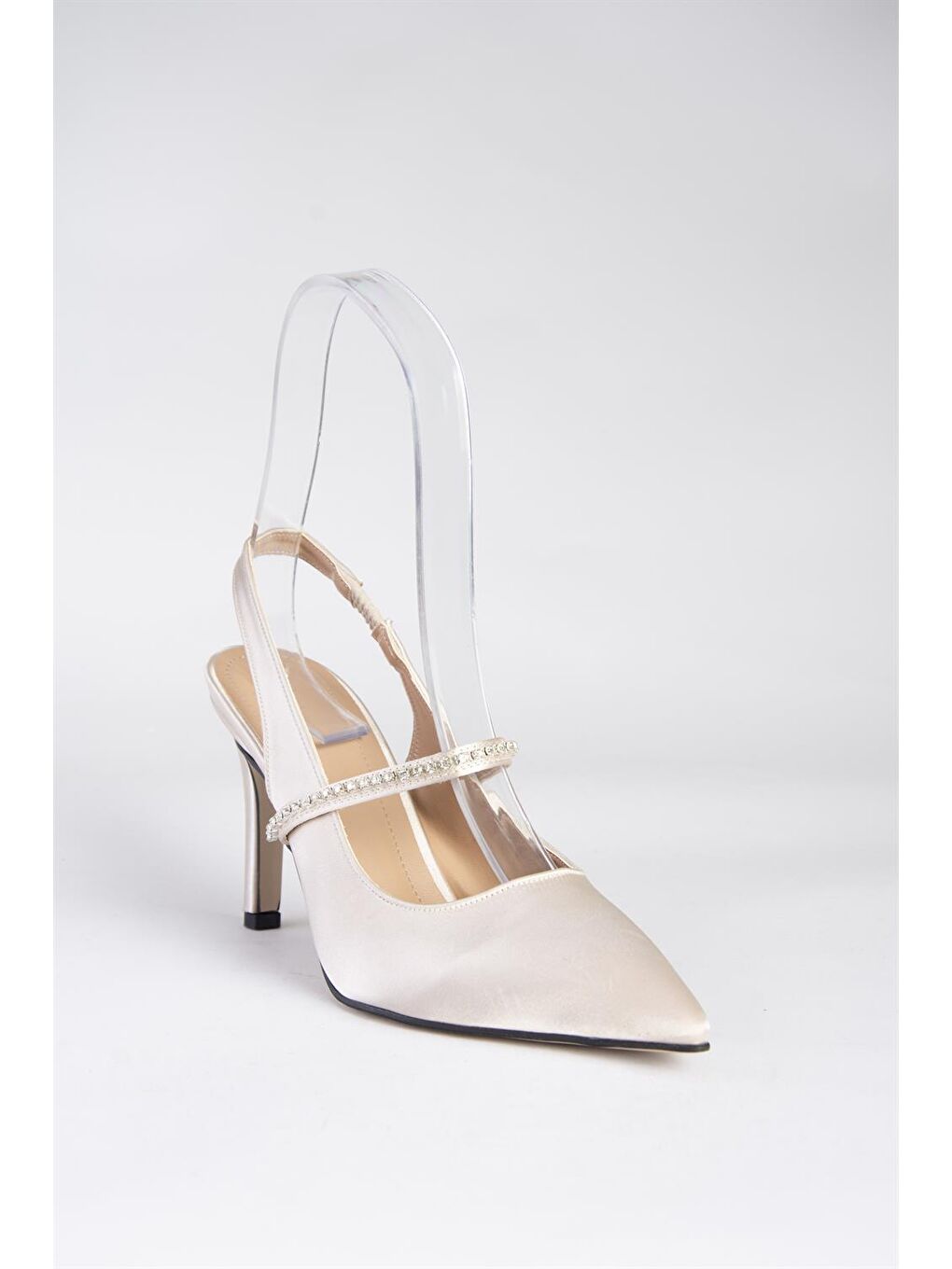 Bej Ten Saten Kumaş Taşlı Topuklu Ayakkabı M404707404-3