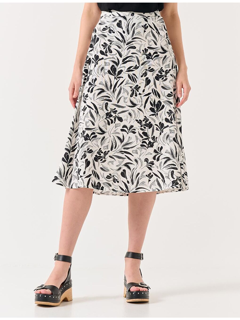 Beyaz Yüksek Bel Yırtmaçlı Keten Midi Etek-3